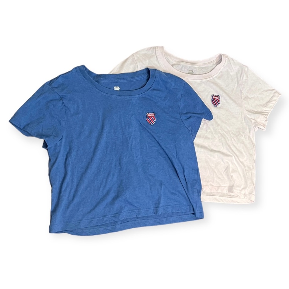 K-SWISS Cropped Short Sleeve Tee LARGE Blue Pink Grunge Fade Vintage Retro Shirt